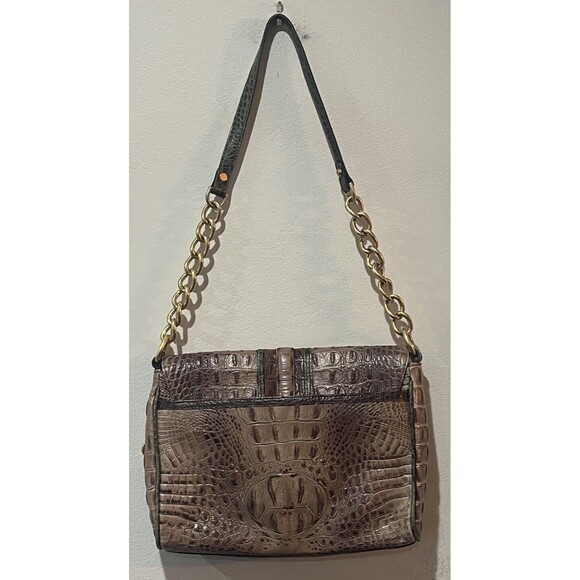BRAHMIN Purse Croc Embossed Leather Shoulder Handbag Brown Green Chain Turn Lock - Picture 3 of 16